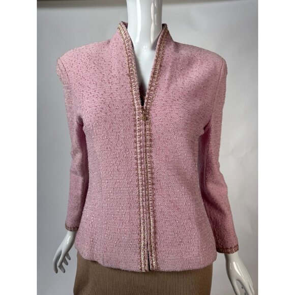 St. John Collection Pink Boucle Knit Jacket W/ Gold Trim Size 2 - Picture 1 of 16